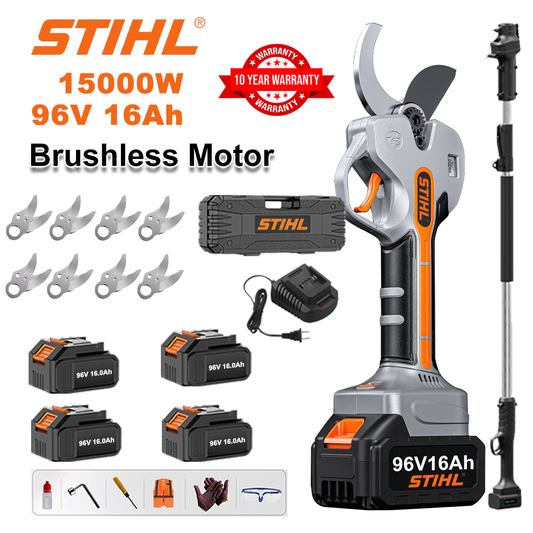 [Tijă prelungitoare 1,5~5m] Foarfece de grădinărit cu baterie litiu fără perii de 15000W + 4 baterii de 96V 16Ah + 8 lame din aliaj SK9 + încărcător + afișaj LED + cutie de scule + ulei lubrifiant + ochelari de protecție + garanție 10 ani